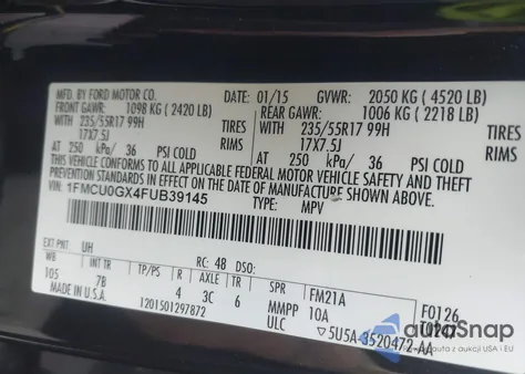 2015 Ford Escape Se z USA, uszkodzony, nr VIN 1FMCU0GX4FUB39145